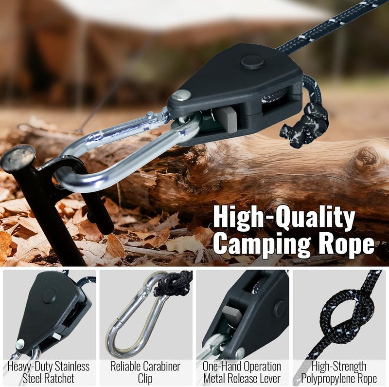 SOHIDAS Camping Rope Reflective Tent Rope Guyline with Ratchet Pulley, Tarp Tie Down Ropes for Tent Tarp, Canopy Shelter, Camping, 13ft Adjustable Guy Line for Canopy Tent 4 Pack Guy Lines Tents Cords - Image 3